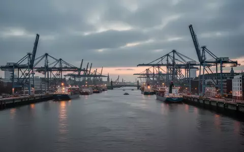 Industrielle Hafenanlagen an der Elbe in Hamburg unter einem bewölkten Abendhimmel als Symbol für urbane Infrastruktur. - Foto: über boerse-global.de