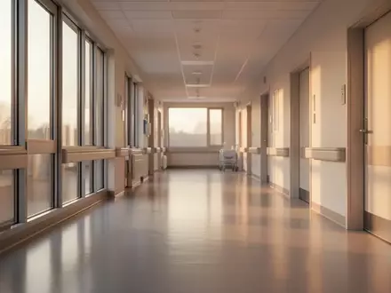 Ein heller, moderner Krankenhausflur bei Tageslicht mit Fokus auf die Architektur und eine ruhige, sterile Atmosphäre. - Foto: über boerse-global.de
