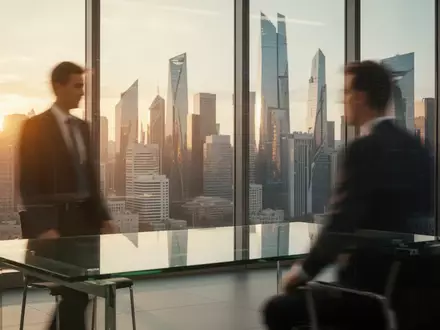 Ein moderner, sonnendurchfluteter Büroraum mit Blick auf eine Skyline während der goldenen Stunde. - Foto: über boerse-global.de