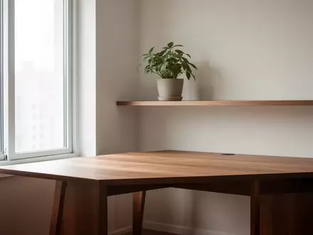 Ein minimalistisches, helles Heimbüro mit einem Holztisch und einer Pflanze bei natürlichem Tageslicht. - Foto: über boerse-global.de