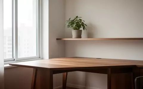 Ein minimalistisches, helles Heimbüro mit einem Holztisch und einer Pflanze bei natürlichem Tageslicht. - Foto: über boerse-global.de