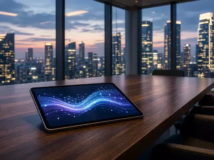 Ein moderner Konferenzraum mit Blick auf ein Finanzviertel, in dem digitale Finanztechnologie symbolisiert wird. - Foto: über boerse-global.de