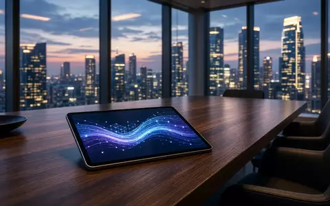 Ein moderner Konferenzraum mit Blick auf ein Finanzviertel, in dem digitale Finanztechnologie symbolisiert wird. - Foto: über boerse-global.de