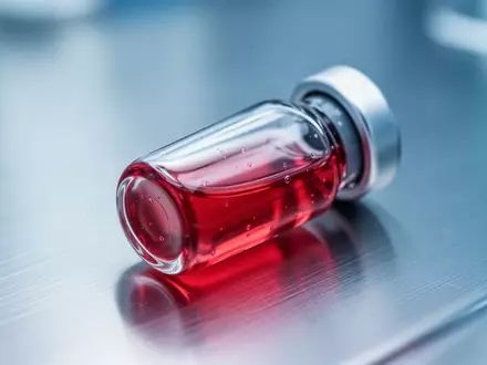 Ein gläsernes medizinisches Fläschchen mit roter Flüssigkeit auf einem sterilen Labortisch. - Foto: über boerse-global.de