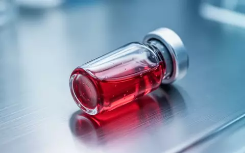 Ein gläsernes medizinisches Fläschchen mit roter Flüssigkeit auf einem sterilen Labortisch. - Foto: über boerse-global.de
