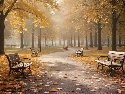 Ein sonnendurchfluteter Park mit herbstlichen Bäumen und leeren Parkbänken am Wegesrand. - Foto: über boerse-global.de