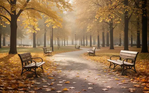 Ein sonnendurchfluteter Park mit herbstlichen Bäumen und leeren Parkbänken am Wegesrand. - Foto: über boerse-global.de