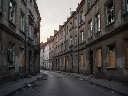 Eine verlassene Wohnstraße mit beschädigten Gebäudefassaden und vernagelten Fenstern in der Abenddämmerung. - Foto: über boerse-global.de