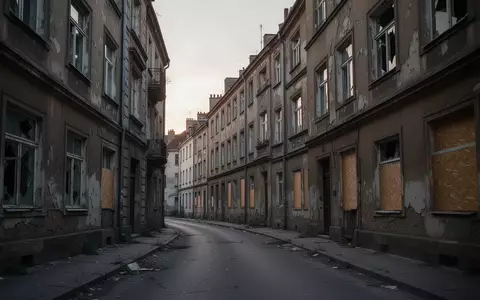 Eine verlassene Wohnstraße mit beschädigten Gebäudefassaden und vernagelten Fenstern in der Abenddämmerung. - Foto: über boerse-global.de
