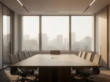 Ein minimalistischer, moderner Büro-Konferenzraum mit natürlichem Lichteinfall und einem leeren Holztisch. - Foto: über boerse-global.de
