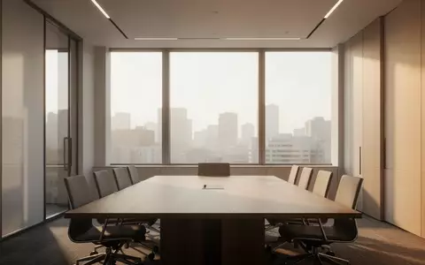 Ein minimalistischer, moderner Büro-Konferenzraum mit natürlichem Lichteinfall und einem leeren Holztisch. - Foto: über boerse-global.de
