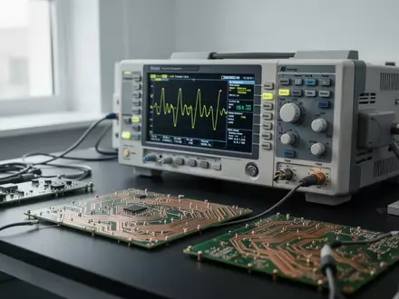 Ein moderner Elektronik-Arbeitsplatz mit Messgeräten und Platinen in einem Labor. - Foto: über boerse-global.de