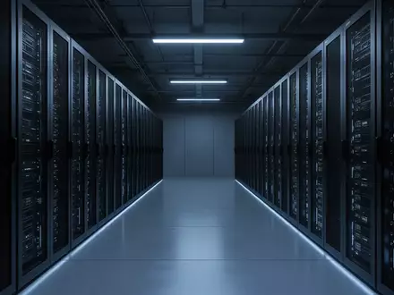 Ein moderner, minimalistischer Serverraum mit dunklen, beleuchteten Server-Racks in einer sterilen, industriellen Umgebung. - Foto: über boerse-global.de
