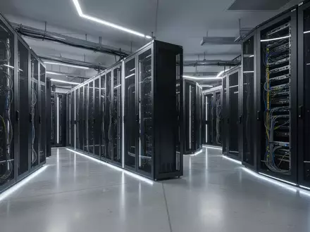 Modernes Rechenzentrum mit geordneten Server-Racks in einer minimalistischen, technologischen Umgebung. - Foto: über boerse-global.de