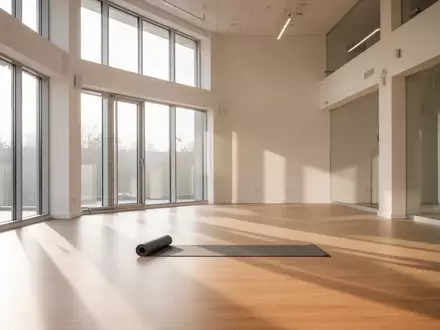 Ein heller, minimalistischer Trainingsraum mit Holzboden und einer einzelnen Yogamatte bei natürlichem Tageslicht. - Foto: über boerse-global.de