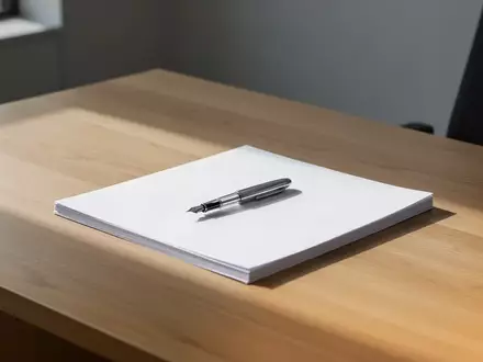 Ein minimalistischer Schreibtisch mit einem leeren Füllfederhalter auf einem Stapel unbeschriebenen Papiers bei Tageslicht. - Foto: über boerse-global.de