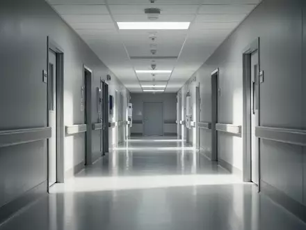 Ein steriler, menschenleerer Krankenhausflur mit glänzendem Boden und dezenter Beleuchtung. - Foto: über boerse-global.de