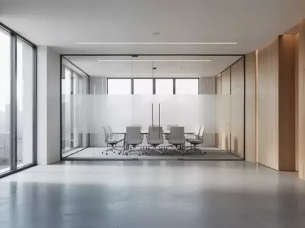 Ein minimalistischer, moderner Konferenzraum in einem Regierungsgebäude mit Glaswänden und Holzelementen bei natürlichem Licht. - Foto: über boerse-global.de