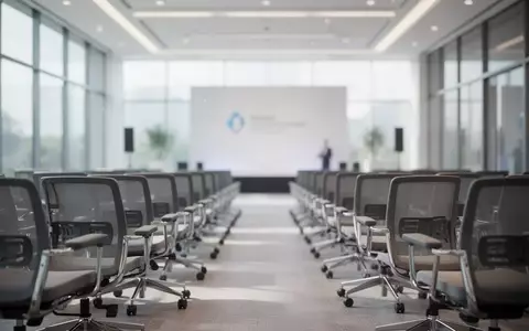 Ein moderner, heller Konferenzsaal mit leeren Sitzreihen vor einer Bühne, fotografiert im dokumentarischen Stil. - Foto: über boerse-global.de