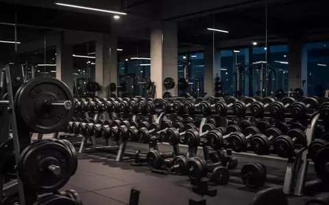 Ein minimalistisch beleuchteter Fitnessraum mit Hantelscheiben und Kurz-hanteln auf Ablagen in einer professionellen Trainingsumgebung. - Foto: über boerse-global.de
