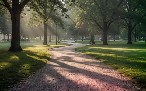 Ein gewundener Kiesweg in einem sonnendurchfluteten Park am frühen Morgen. - Foto: über boerse-global.de