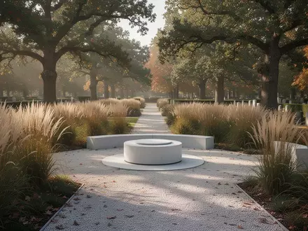 Ein naturnaher Friedhof mit einem schlichten Urnenrondell, umgeben von Gräsern und Bäumen bei sanftem Tageslicht. - Foto: über boerse-global.de