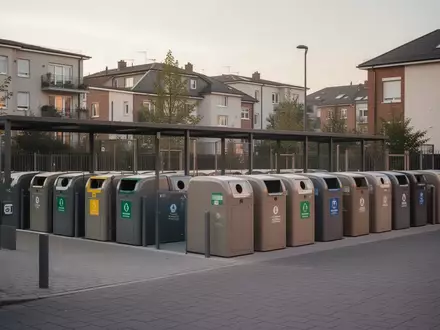 Eine saubere, moderne Wertstoffinsel mit ordentlich aufgestellten Müllcontainern in einer städtischen Wohngegend bei Tageslicht. - Foto: über boerse-global.de