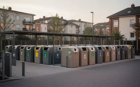 Eine saubere, moderne Wertstoffinsel mit ordentlich aufgestellten Müllcontainern in einer städtischen Wohngegend bei Tageslicht. - Foto: über boerse-global.de