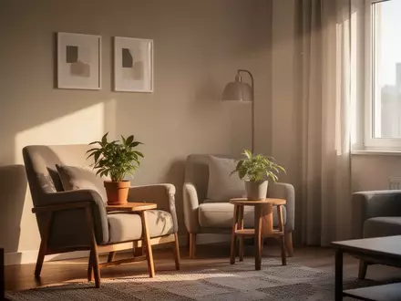 Ein helles, freundliches Wohnzimmer mit einem bequemen Sessel und einer Pflanze am Fenster. - Foto: über boerse-global.de