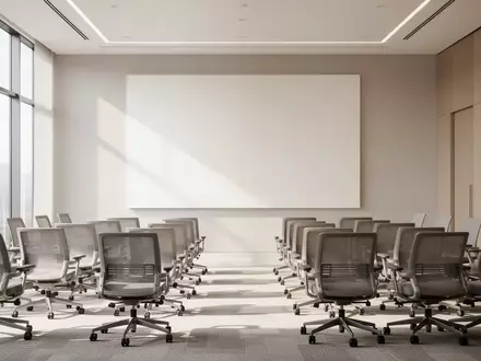 Ein heller, moderner Konferenzraum mit leeren Stühlen vor einer neutralen Wand, der eine professionelle Arbeitsumgebung symbolisiert. - Foto: über boerse-global.de