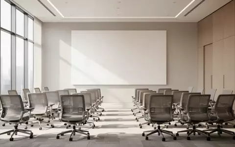 Ein heller, moderner Konferenzraum mit leeren Stühlen vor einer neutralen Wand, der eine professionelle Arbeitsumgebung symbolisiert. - Foto: über boerse-global.de