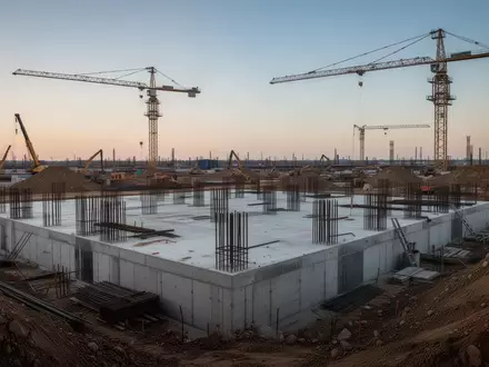 Eine großflächige Baustelle mit Betonfundamenten, Stahlarmierungen und Baukränen bei Dämmerung. - Foto: über boerse-global.de