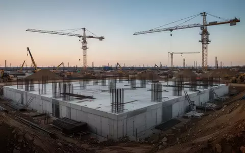 Eine großflächige Baustelle mit Betonfundamenten, Stahlarmierungen und Baukränen bei Dämmerung. - Foto: über boerse-global.de
