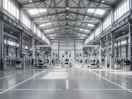 Weite Ansicht einer modernen, hellen Industriehalle für die Automobilfertigung mit technischer Infrastruktur. - Foto: über boerse-global.de