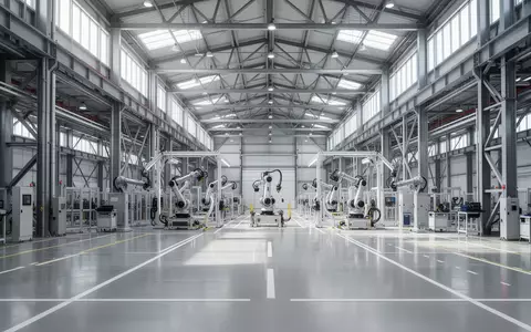 Weite Ansicht einer modernen, hellen Industriehalle für die Automobilfertigung mit technischer Infrastruktur. - Foto: über boerse-global.de