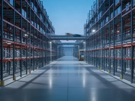 Weitläufiges, modernes Logistikzentrum mit automatisierten Regalsystemen und poliertem Betonboden in kühler Beleuchtung. - Foto: über boerse-global.de