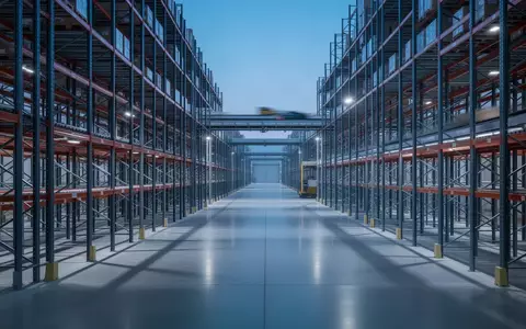 Weitläufiges, modernes Logistikzentrum mit automatisierten Regalsystemen und poliertem Betonboden in kühler Beleuchtung. - Foto: über boerse-global.de
