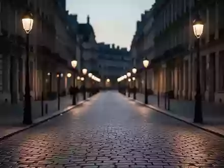 Eine ruhige, menschenleere städtische Straße in der Abenddämmerung mit Kopfsteinpflaster und warm beleuchteten Straßenlaternen. - Foto: über boerse-global.de
