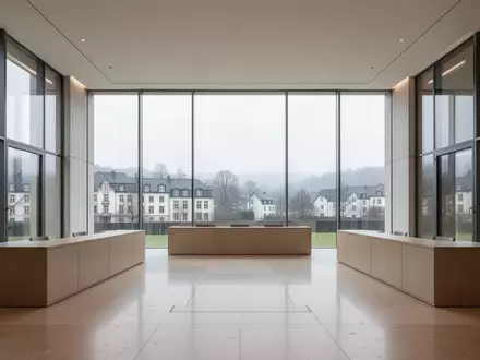 Ein moderner, minimalistischer Gerichtssaal mit großen Glasfronten und Blick auf eine ruhige, europäische Landschaft. - Foto: über boerse-global.de