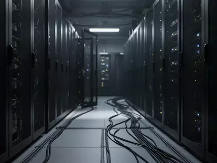 Reihen dunkler Server-Schränke mit dezenten Statusleuchten in einem dämmrigen Hightech-Raum. - Foto: über boerse-global.de