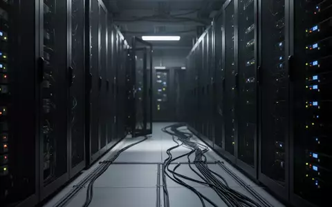 Reihen dunkler Server-SchrĂ€nke mit dezenten Statusleuchten in einem dĂ€mmrigen Hightech-Raum. - Foto: ĂŒber boerse-global.de