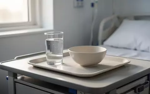 Ein minimalistisches, steriles Tablett mit einem Glas Wasser und einer leeren Schale auf einem Krankenhaustisch. - Foto: über boerse-global.de