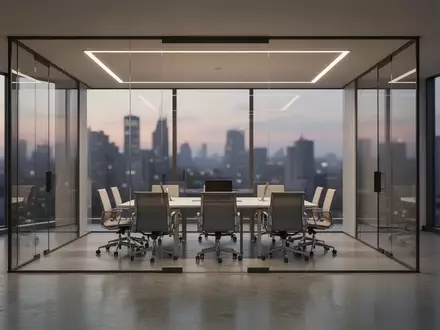 Ein minimalistisch gestalteter, moderner Konferenzraum in einem Bürogebäude bei Dämmerung mit Blick auf die Stadt. - Foto: über boerse-global.de