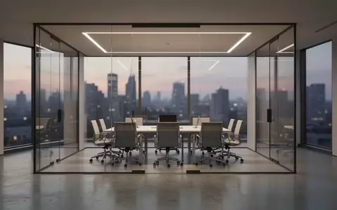 Ein minimalistisch gestalteter, moderner Konferenzraum in einem Bürogebäude bei Dämmerung mit Blick auf die Stadt. - Foto: über boerse-global.de