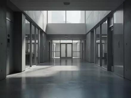 Ein minimalistischer, leerer Flur in einem Behördengebäude mit Betonboden und neutralem Licht. - Foto: über boerse-global.de