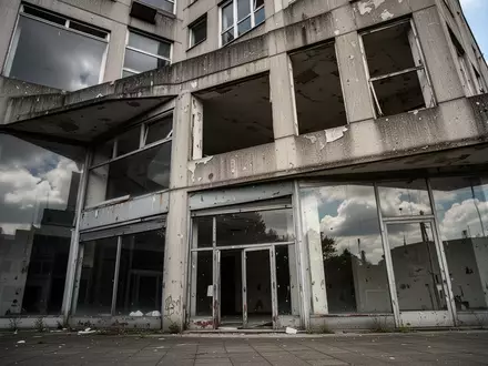 Eine verwaiste, architektonisch schmucklose Fassade eines städtischen Gewerbekomplexes bei bewölktem Himmel. - Foto: über boerse-global.de
