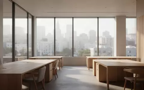 Ein minimalistischer, lichtdurchfluteter moderner Arbeitsbereich in einem Bürogebäude mit Blick auf die Stadt. - Foto: über boerse-global.de