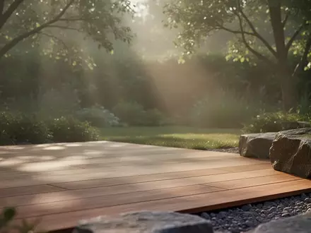 Ein ruhiger, sonnendurchfluteter Gartenbereich mit Holzterrasse und natürlichem Licht, der eine entspannte Atmosphäre vermittelt. - Foto: über boerse-global.de