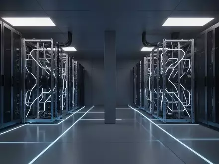 Moderne, minimalistische Serverraum-Infrastruktur mit blauer Beleuchtung und geordneten Schrankreihen. - Foto: über boerse-global.de