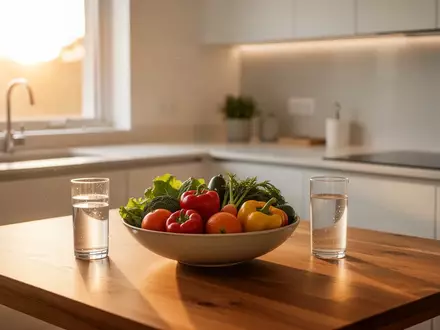 Ein heller, moderner Küchentisch mit frischem Gemüse und einem Glas Wasser in warmem Sonnenlicht. - Foto: über boerse-global.de